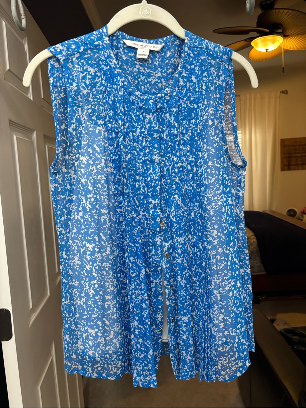 Diane Von Furstenberg Blue and White Printed Sleeveless Camisole